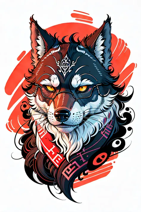 Graphic art t-shirt design, cool wolf with glasses, vector art, clean background, digital painting, 8k