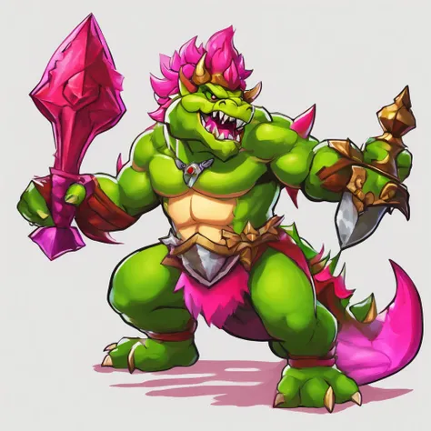 Bowser, vivid red scales, light light green shell, fuchsia spikes, white helm with black and fuchsia, and light light green armor with fuchsia gem, also has a giant hammer, masterpiece, best quality