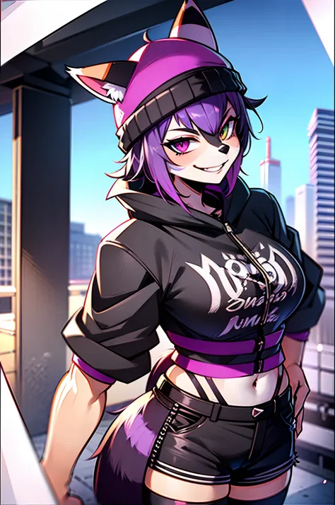 1 tall strong raccoon woman, short lilac hair, beanie, raccon ears, raccoon tail, raccoon fur, raccon skin, furry character, heterochromia, punk black clothes, evil smile, dangerous, villain, beautiful, punk shorts.