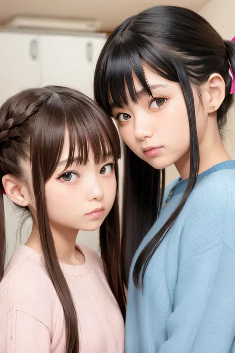 2 girls,  twintail hairstyle, 　up of face、