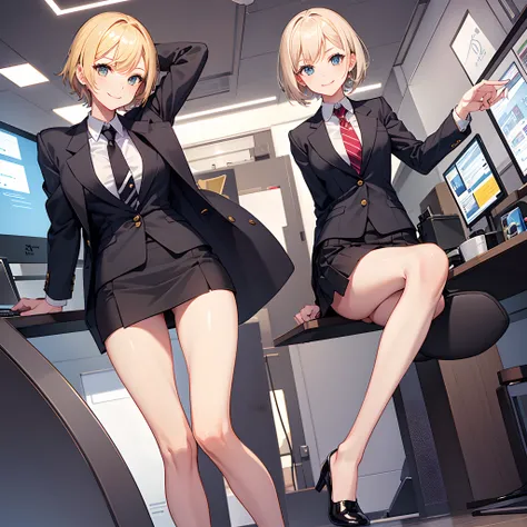 1 girl, smiling, business suit, skirt, (small) chillerism, short blonde hair, rich and noble