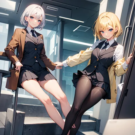 1 girl, smiling, business suit, skirt, (small) short black socks ,chillerism, short blonde hair, rich and noble