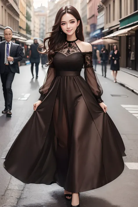 ((Best quality, 8k, Masterpiece :1.3)), 1girl, smiling, full body, slim face, Pretty woman, (Dark brown hair), full length dress :1.1, Ultra-detailed face, Detailed eyes, Double eyelid, blur background, slim face, city, outside, street,