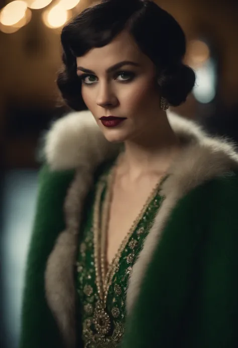 Portrait model  wearing a green Chanel embroidered 1920s dress and fur coat