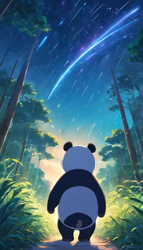 obra-prima, melhor qualidade, filme ainda, 1panda, panda nuvem, surfando no mar, brilhante, Feliz, Soft lighting and Warm, noite, A panda in a forest looking up at the starry sky pointing at the stars with its back turned, Starry sky, (Sparks: 0,7)