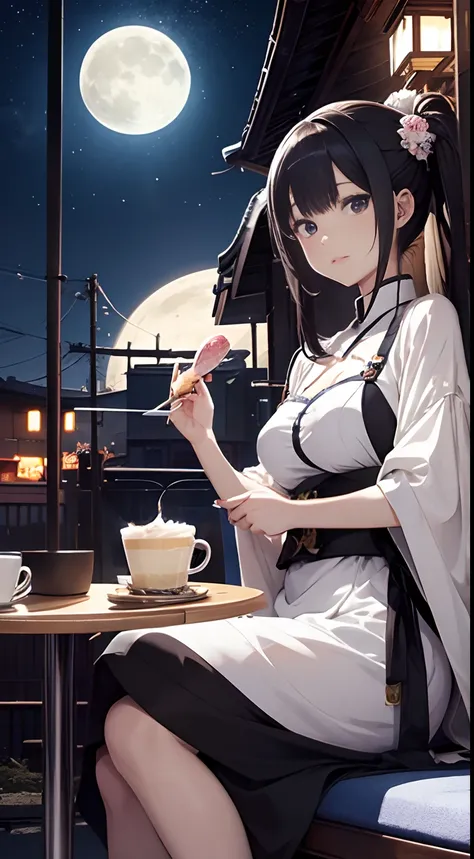 Basia Tran, Japanese Anime, Surreal Mysterious Weird Fantastic Fantasy Sci-Fi, Cafe, Moon Eating Parfait, The Moon also likes sweets, detailed, high resolution definition best quality masterpiece