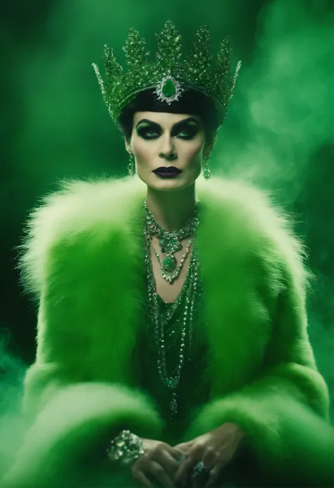 Coco chanel as an evil green undead voodoo witch with white eyes with green fog all around her wearing a fur coat and a feathered rhinestone crown while she’s breathing out green smoke. 1920 poster chanel