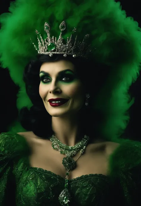 Coco chanel as an evil green undead voodoo witch with white eyes with green fog all around her wearing a fur coat and a feathered rhinestone crown while she’s breathing out green smoke and laughing . Surrounded by demons with red eyes and green skin