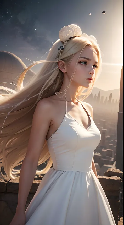 female in a pure white dress and hair, with superior facial structure. a variety of planets float in the background. the eyes are dark gold with white sclera. Hyper-realistic dark-bright background. Ancient-futuristic. Insane overlook city scenery, seminud...