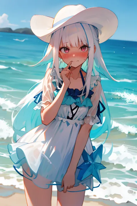 One girl with long hair, white hair, looking at viewer, cowboy shot, embarrassed, blushing, mouth small open, beach, thigh, white dress, bikini, sunglasses, wide-brimmed hat