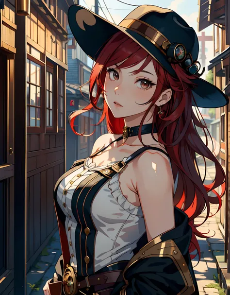 ((masterpiece, best quality)), (1girl, anime girl in the beautiful village, steampunk style),(mature, hat), (solo), (female focus), (red hair, long hair, wavy hair),black eyes,((exposed shoulder, gunner)), pale skin, evil, vicious, portraits, full body, vi...