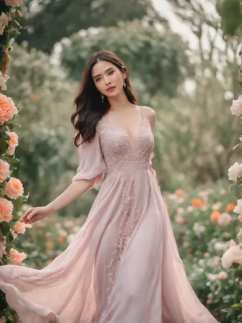 ( high quality photography) Indonesia  women, flowing long colorful pastel dress, black hair,the body surrounded of flowers, stand and posing fantasy on flowers garden, depth blur, bokeh, 300 DPI, Enchanting Atmosphere, photo, 8k, dynamic action,