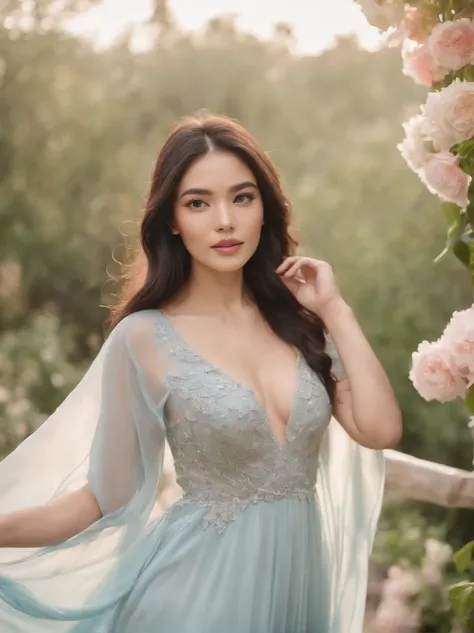 ( high quality photography) Indonesia  women, flowing long colorful pastel dress, black hair,the body surrounded of flowers, stand and posing fantasy on flowers garden, depth blur, bokeh, 300 DPI, Enchanting Atmosphere, photo, 8k, dynamic action,