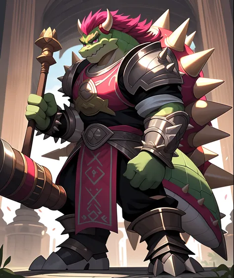 Bowser, vivid red scales, light light green shell, fuchsia spikes, white helm with black and fuchsia, and light light green armor with fuchsia gem, also has a giant hammer, masterpiece, best quality