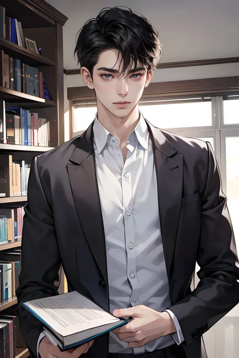 (tmasterpiece,high resolution,ultra - detailed:1.0),1 boy,Perfect male body,Look at the camera,Delicate eyes and delicate face,Extremely detailed CG,Unity 8k wallpaper,Complicated details,solo person,(School uniform, white shirt,Holding a book.), school, c...