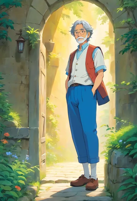 solid color backdrop，middle aged man，Gilet blanc，blue trouser，canvas shoe, In a distant kingdom, where magic and nature coexist in harmony, ghibli