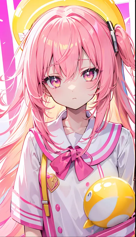 Glowing light pink yellow with hair and pupils，They are also fluorescent，A school uniform in a glowing pink, yellow and white color，Very tender and shiny face，It also fluoresces，The whole is shining，Its a sweet loli girl