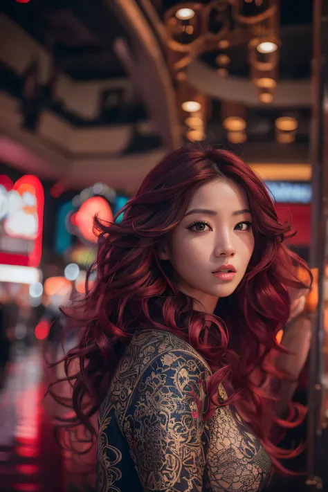 32K（tmasterpiece，k hd，hyper HD，32K）Long flowing dark red loose curls，Skinny Asian woman in vegas, with long dark red hair, high resolution， the detail， RAW photogr， Sharp Re， Nikon D850 Film Stock Photo by Jefferies Lee 4 Kodak Portra 400 Camera F1.6 shots...