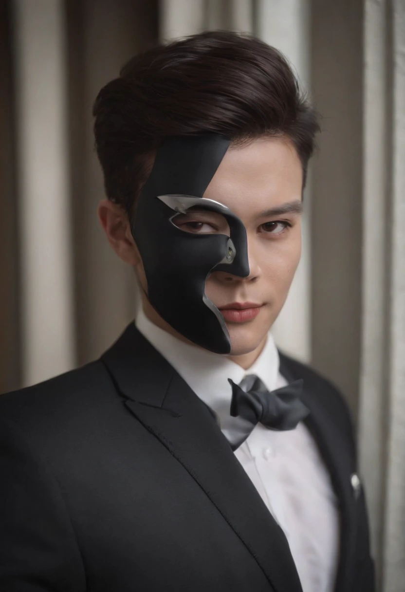 1. **Full body black style**: Wearing a black suit, shirt, tie, pocket square, and black leather gloves, it has a very chic and sophisticated appearance.

2. **Noh mask**: I have a Noh mask with a smile on my face, and I use it as an element to hide my emo...