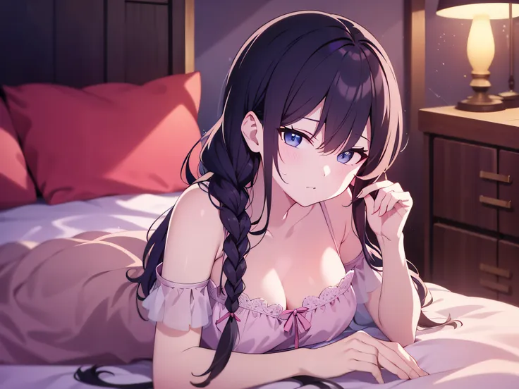 in 8k、top-quality、​masterpiece、ultra-detailliert、ultra-high resolution、anime style、on the beds、laying on back、a dark-haired、brai...