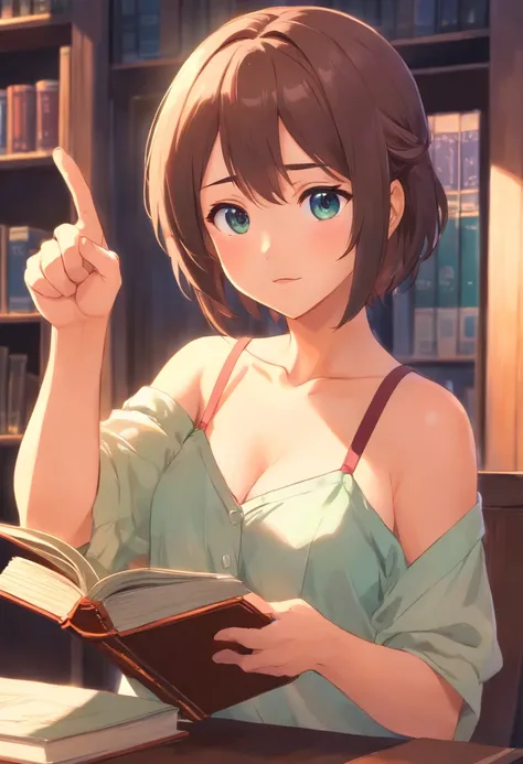 Blouse girl, Pointing at you and scolding , Holding a book in his left hand, Top margin,large boob,fullnude