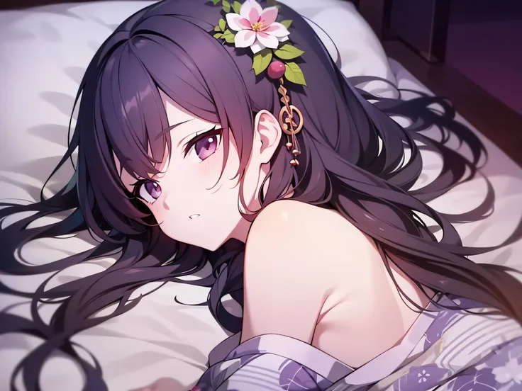 in 8K、top-quality、​masterpiece、ultra-detailliert、Ultra-high resolution、Anime style、on the beds、laying on back、A dark-haired、Braided hair、Light-colored yukata、bare shoulders​