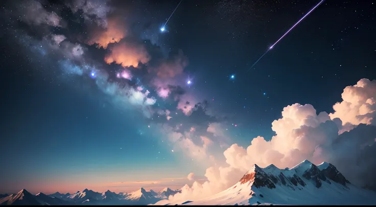 A shooting star falls on a mountain