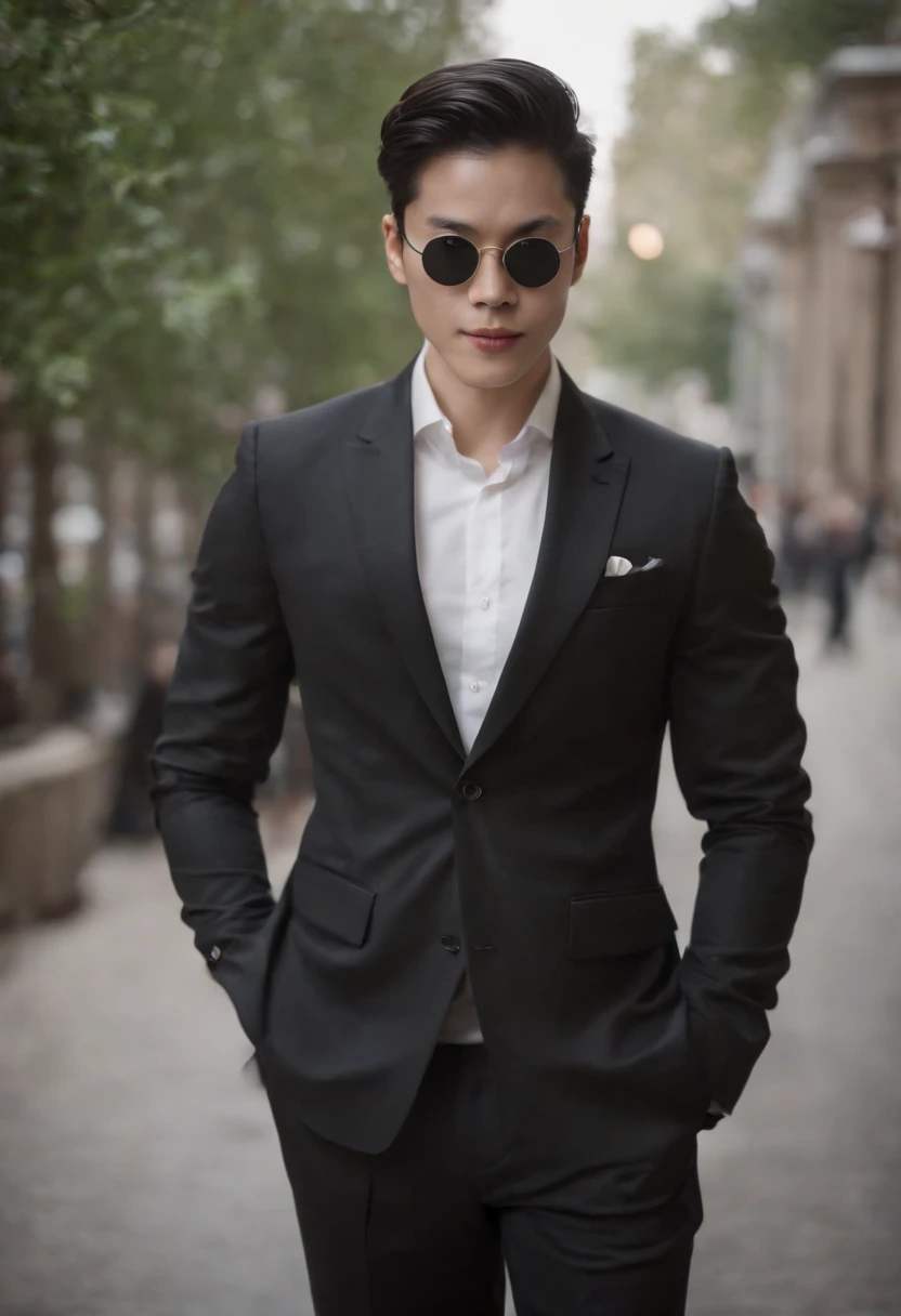 1. **Full body black style**: Wearing a black suit, shirt, tie, pocket square, and black leather gloves, it has a very chic and sophisticated appearance.

2. **Noh mask**: I have a Noh mask with a smile on my face, and I use it as an element to hide my emo...