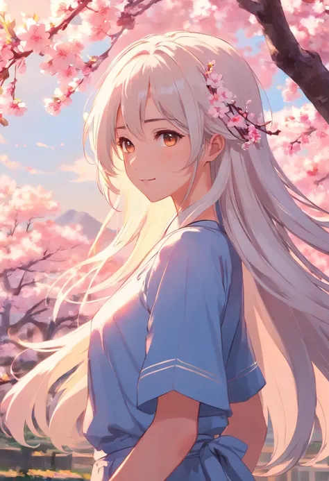 woman，peach blossom，long  white hair，With a slight smile，The complexion is reddish，Behind it is mainly peach trees