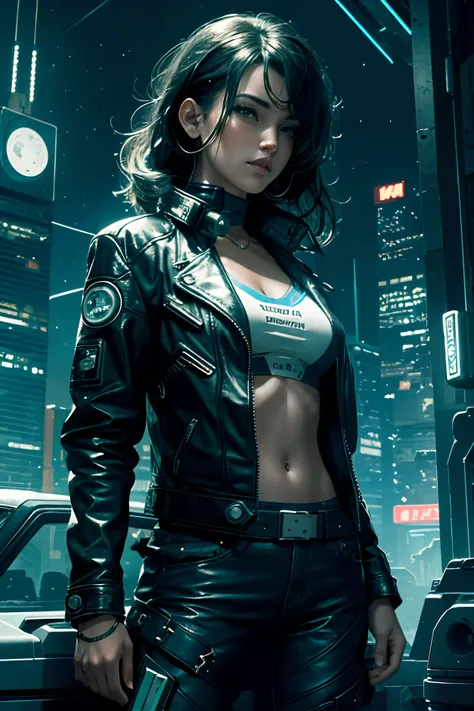 Starry night, highly detailed, illustration, 8k, ultra high quality, cyberpunk girl, sexy, colourfull illustration, DreamWorks, leather jacket