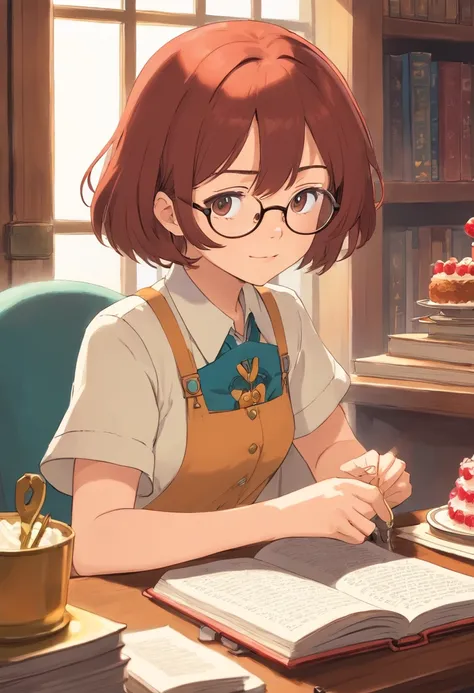 One woman with glasses，Please wear a shirt and suit pants，Sit behind a desk，Hold the book left and right，Fork in his right hand，There was a cake on the table，Flat illustration，UI styles，Behans Style