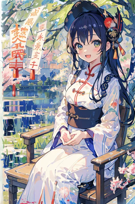 8620 (Maitetsu),masterpiece, best quality, ultra-detailed, illustration,looking at viewer,white chinese clothes,:d,sitting,(Impressionism:1.4),