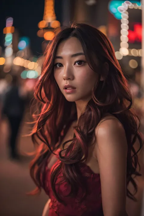 32K（tmasterpiece，k hd，hyper HD，32K）Long flowing dark red loose curls，Skinny Asian woman, dark red hair, in Las Vegas strip, with long dark red hair, high resolution， the detail， RAW photogr， Sharp Re， Nikon D850 Film Stock Photo by Jefferies Lee 4 Kodak Po...