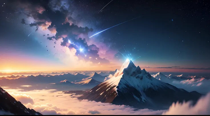 A shooting star falls on a mountain