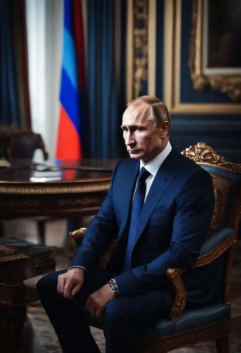 President Putin　Dark blue suit with dark blue tie　　Russian flag on background