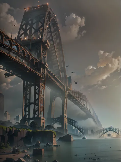 Sydney Harbour Bridge, post-apoclypse, ruins of harbour bridge of Sydney, realistic, fog, horrifying moments.