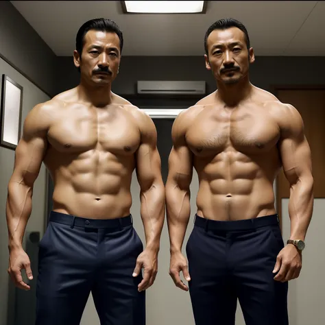 45 yers old，Hidetoshi Nakata ，（Kogoro Mouri 1.3），thereupon，Two muscular men standing，Naked upper body，with mustache，tmasterpiece，k hd，skinny pants