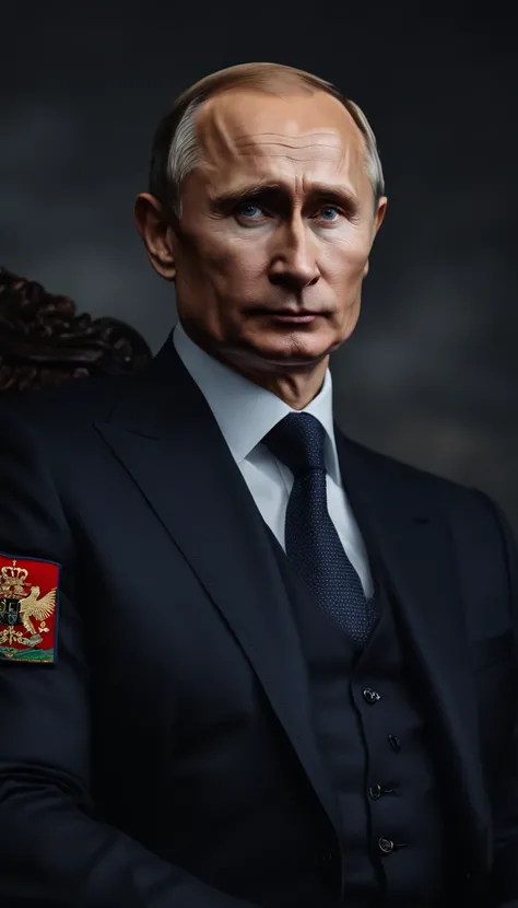 "(best quality,4k,8k,highres,masterpiece:1.2),ultra-detailed,realistic,political portrait,portrait painting,serious expression,confident pose,detailed eyes and face,short gray hair,blue eyes,sharp facial features,Kremlin background,Russian flag,official ph...