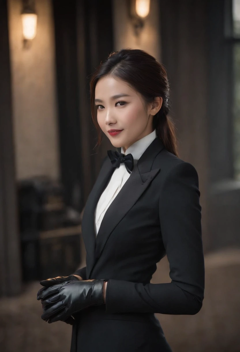 1. **Full body black style**: Wearing a black suit, shirt, tie, pocket square, and black leather gloves, it has a very chic and sophisticated appearance.

2. **Noh mask**: I have a Noh mask with a smile on my face, and I use it as an element to hide my emo...