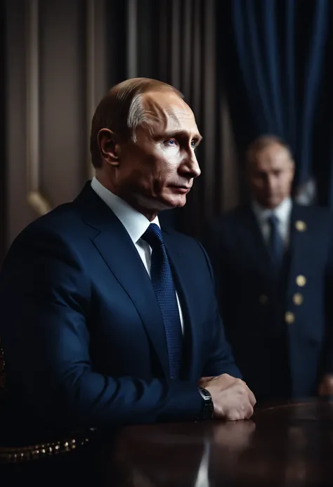 President Putin　Dark blue suit with dark blue tie　　Russian flag on background