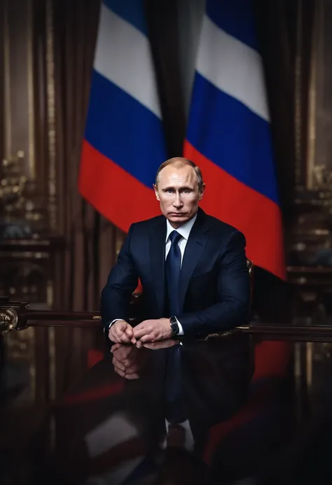 President Putin　Dark blue suit with dark blue tie　　Russian flag on background