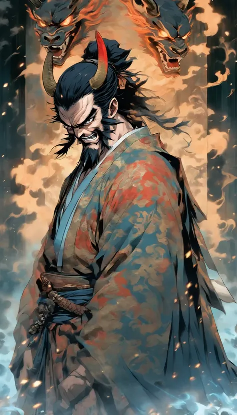 middle aged man, Evil painting style, hight resolution, black colored hair, Half of the devils body and half of the devils face, Samurai of Japan, Delicate three-dimensional blue flame demon face, a beard, Wearing a hat, Anger expression, Perfect body prop...