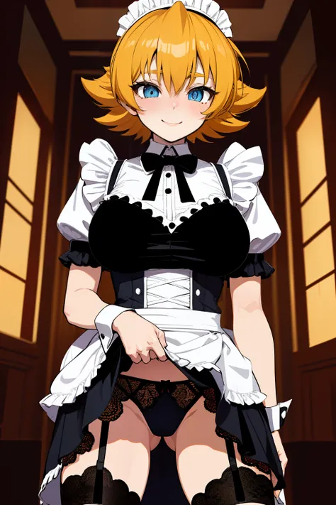 igawa, (huge breasts), flipped hair, hair between eyes, blue eyes, blonde hair, maid,cowboy shot, standing, looking at viewer, mansion,indoor, night,happy,smile,skirt lift,lace panties,garter straps,blush,shy,flat color, spread legs