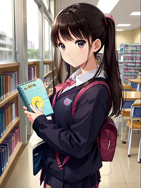 girl with、Have a diary、atlibrary、schools、校服、Read the diary、pupils、a junior high school student、after school