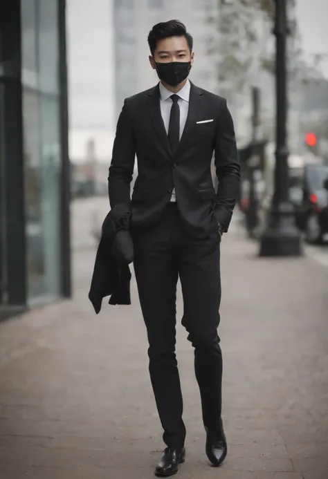 1. **Full body black style**: Wearing a black suit, shirt, tie, pocket square, and black leather gloves, it has a very chic and sophisticated appearance.

2. **Noh mask**: I have a Noh mask with a smile on my face, and I use it as an element to hide my emo...