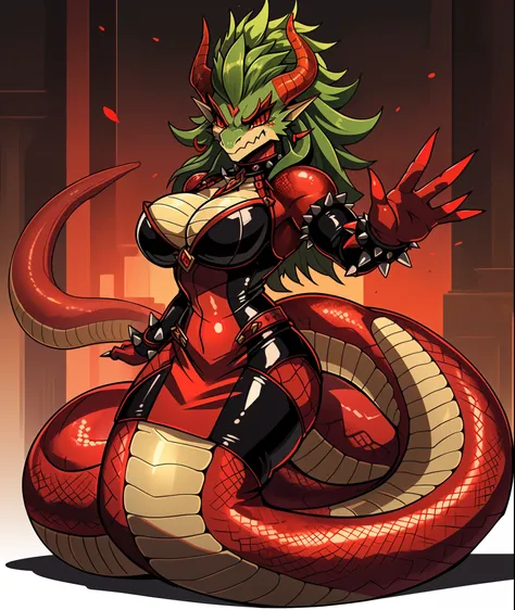 Lamia Bowser, red and orange scales, black and red latex outfit, red snake-like eyes, dull-green shell with black spikes, masterpiece, best quality