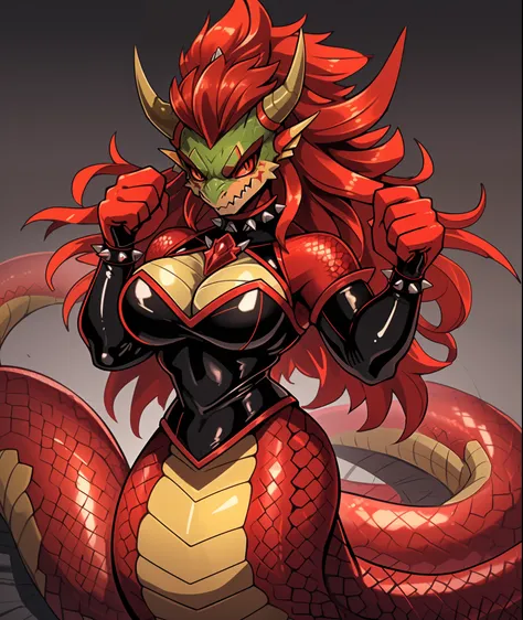 Lamia Bowser, red and orange scales, black and red latex outfit, red snake-like eyes, dull-green shell with black spikes, masterpiece, best quality