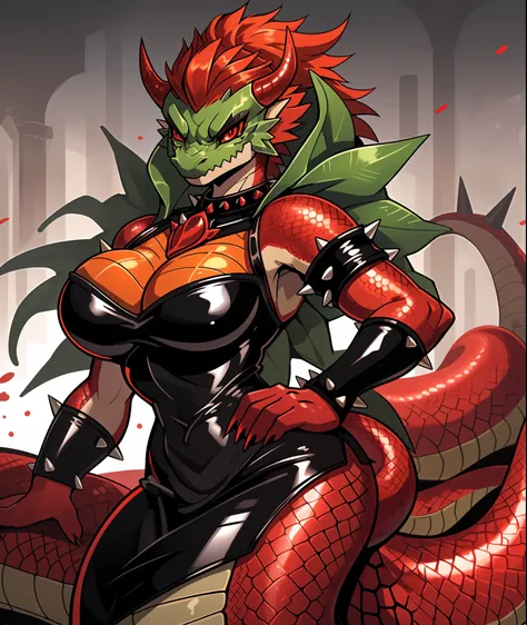 Lamia Bowser, red and orange scales, black and red latex outfit, red snake-like eyes, dull-green shell with black spikes, masterpiece, best quality