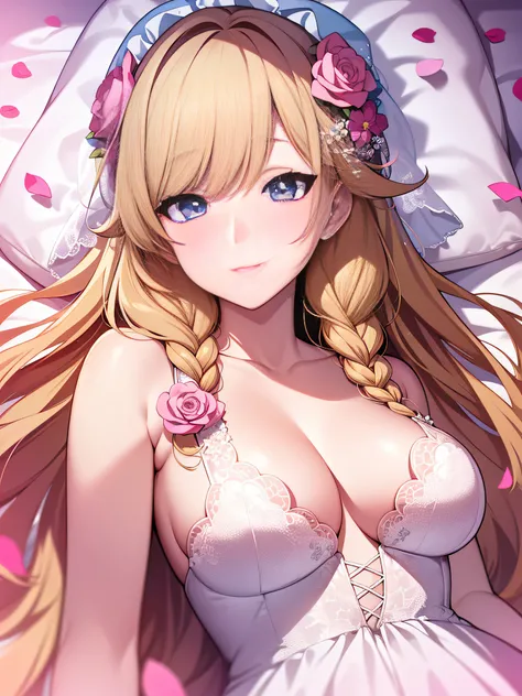 in 8K、top-quality、​masterpiece、ultra-detailliert、Ultra-high resolution、Anime style、on the beds、laying on back、Pink cheeks、pink lipsticks、a blond、Braided hair、weddingdress、flower petals