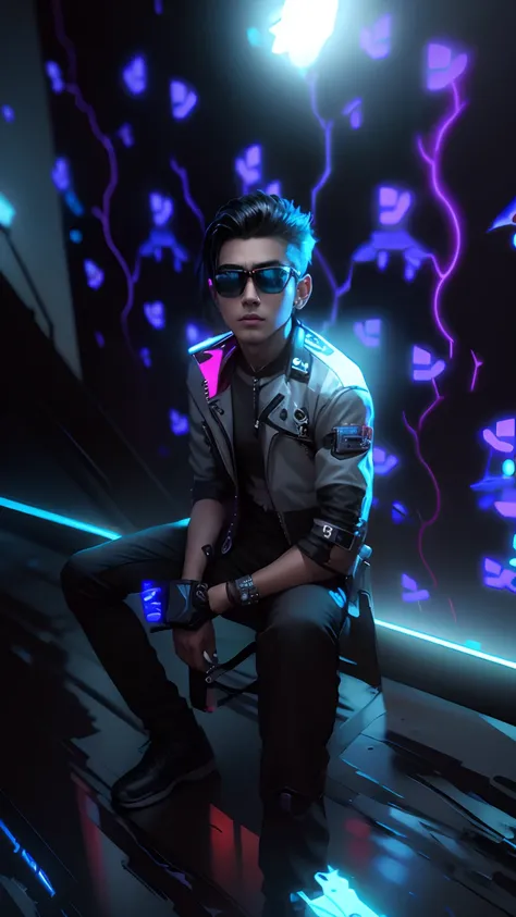 Change background cyberpunk handsome boy realistic face, stand up, black sunglass, neon, 8k, ultra realistic